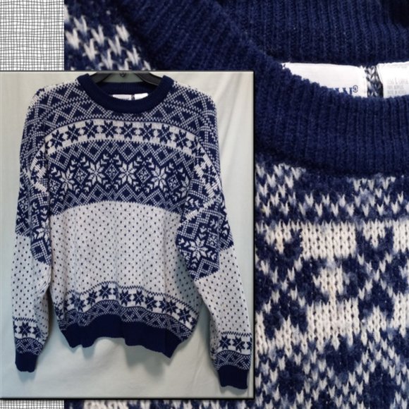 Vintage Men's Blue White Nordic Fair Isle Winter Knit Sweater  LG (T-346) - Picture 1 of 11
